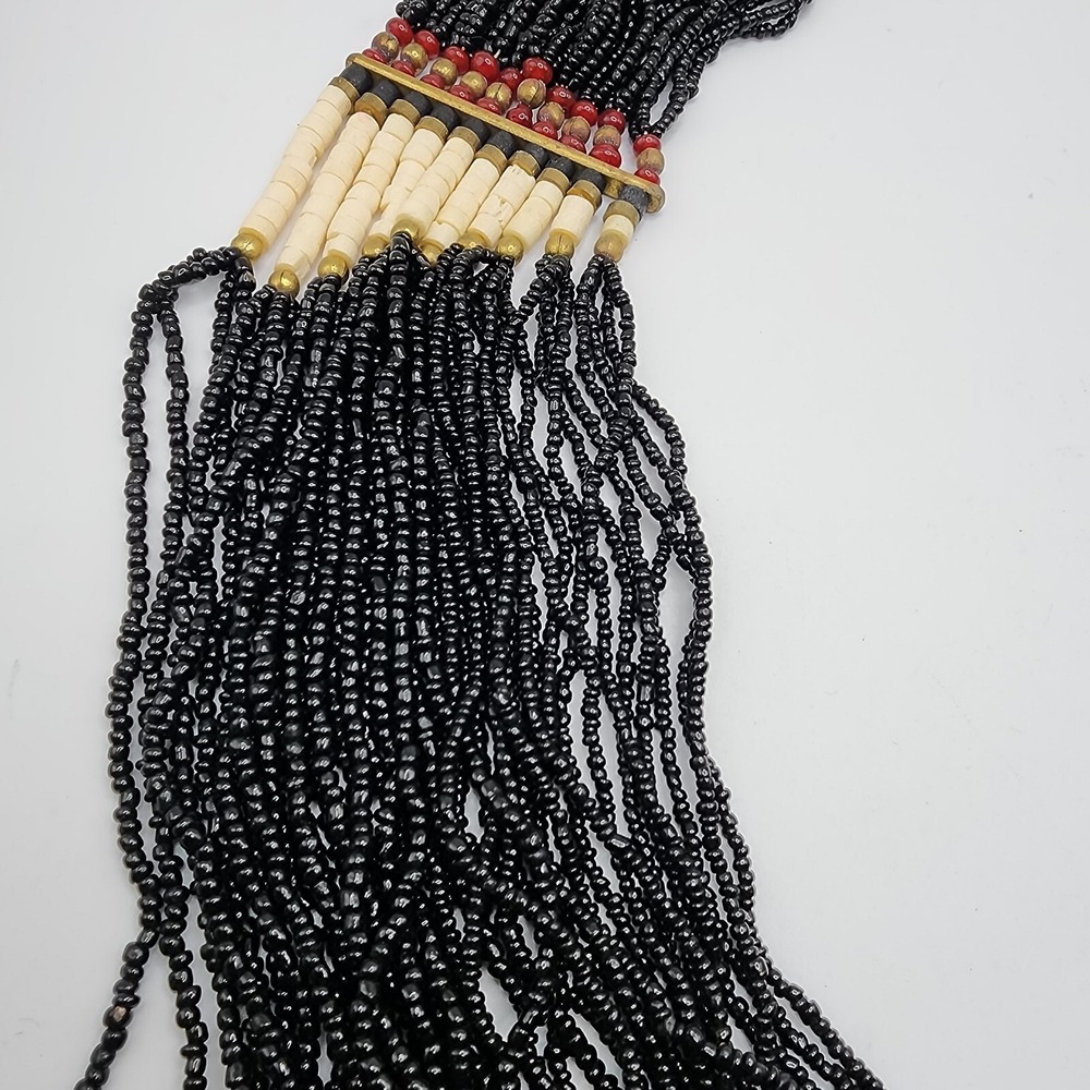 Vintage Boho Tribal Ethnic Black Glass Seed Bead Waterfall Layered Bib Necklace - Picture 5 of 16